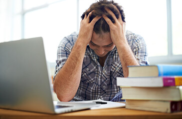 Student, headache and stress for education, college or e learning test, bad results or time...