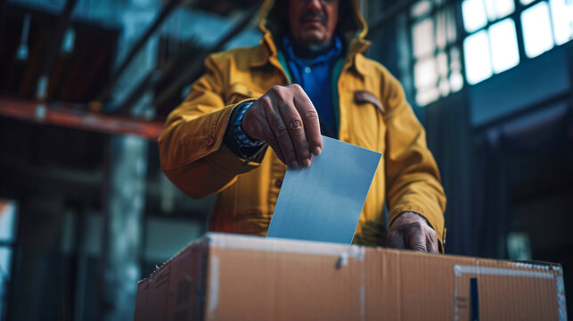 Close-up of an urban labourer casting their vote, showcasing the hardworking spirit of the community