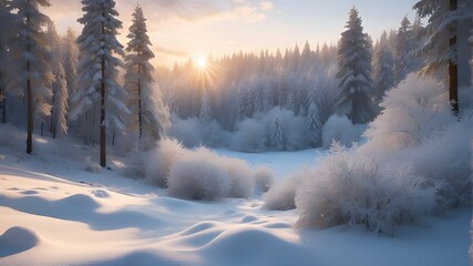 sunrise in the snowy mountains