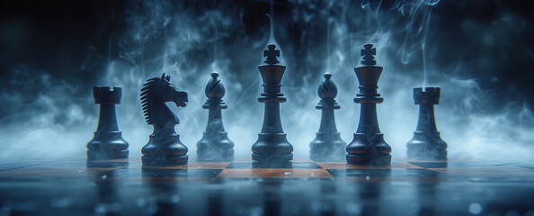 Set of chess pieces element stating on chessboard, queen rook. Cinematic lighting. Leadership, teamwork, partnership, business strategy, and decision concept. Generative Ai. - obrazy, fototapety, plakaty