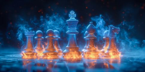 Fototapeta na wymiar Set of chess pieces element stating on chessboard, queen rook. Cinematic lighting. Leadership, teamwork, partnership, business strategy, and decision concept. Generative Ai.