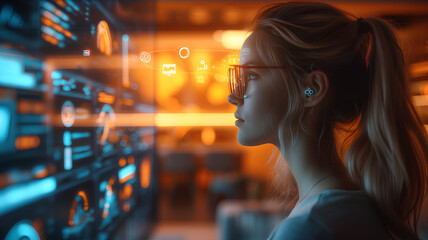 A young woman in a data center gazes at augmented reality (AR) graphics, surrounded by advanced server technology.
