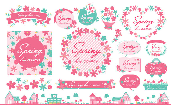 花束イメージや花柄背景として使いやすい、おしゃれな手書きのかわいいお花の春フレームとイラストのセット