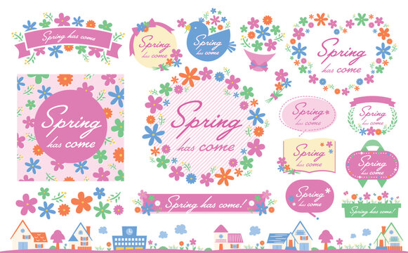 花束イメージや花柄背景として使いやすい、おしゃれな手書きのかわいいお花のカラフル春フレームとイラストのセット