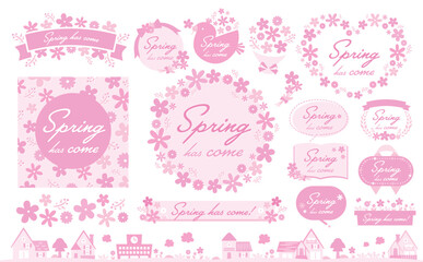 花束イメージや花柄背景として使いやすい、おしゃれな手書きのかわいいお花の春フレームとイラストのセット