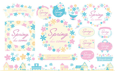 花束イメージや花柄背景として使いやすい、おしゃれな手書きのかわいいお花の春フレームとイラストのセット