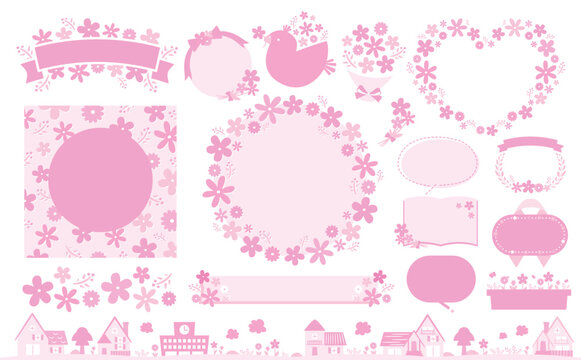 花束イメージや花柄背景として使いやすい、おしゃれな手書きのかわいいお花のピンク春フレームとイラストのセット