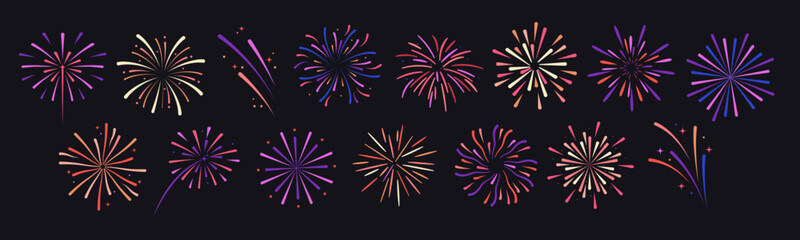 Fireworks on black background. Set of fireworks illustration. 