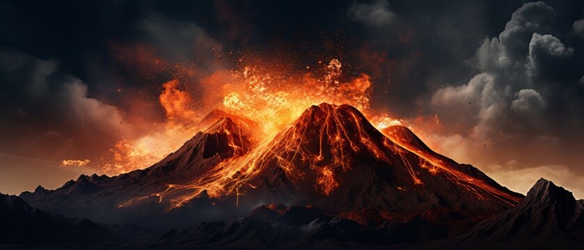 Dramatic volcano eruption with lava flowing. Natural disaster background - Powered by Adobe