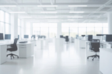 Fototapeta na wymiar Blurred empty modern office. Defocused abstract light bokeh business eco open space interior background design. Corporate strategy, finance, operations, marketing. Tables with computers blur focus