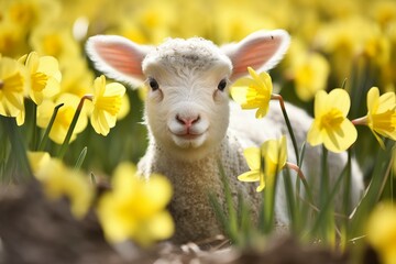 Small lamb in daffodil flowers. Cute farming sheep in green blossom spring field. Generate ai - obrazy, fototapety, plakaty