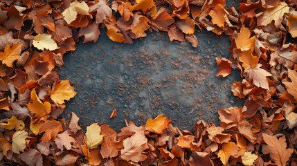Vibrant autumn leaves create a border around a dark, textured background.