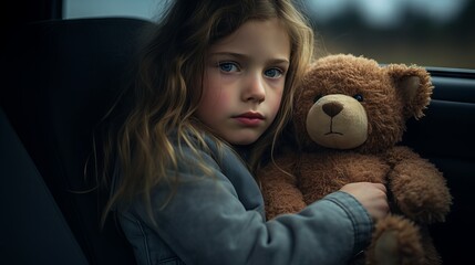 Child with toy bear gazing through car window on a sunny day