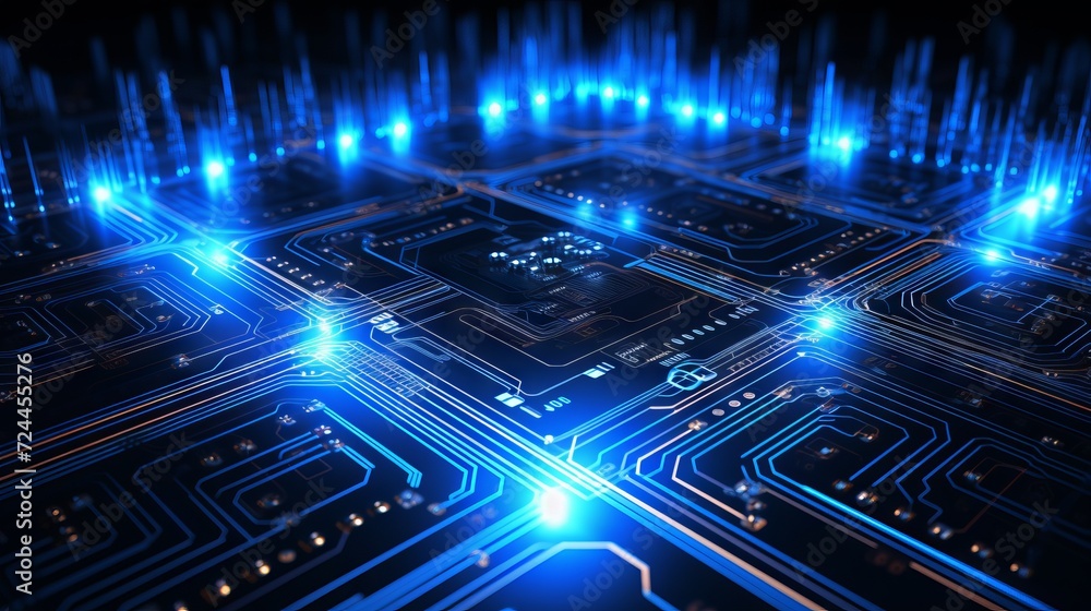 Poster abstract structure of circuit board with glowing neon blue lines and dots, computer technology and b