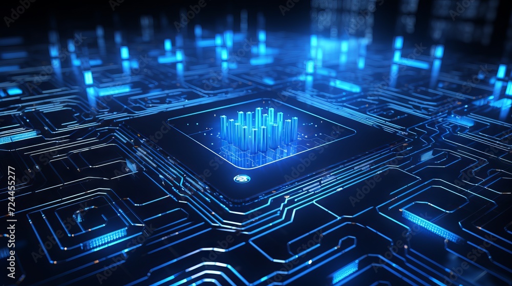 Aufkleber abstract structure of circuit board with glowing neon blue lines and dots, computer technology and b