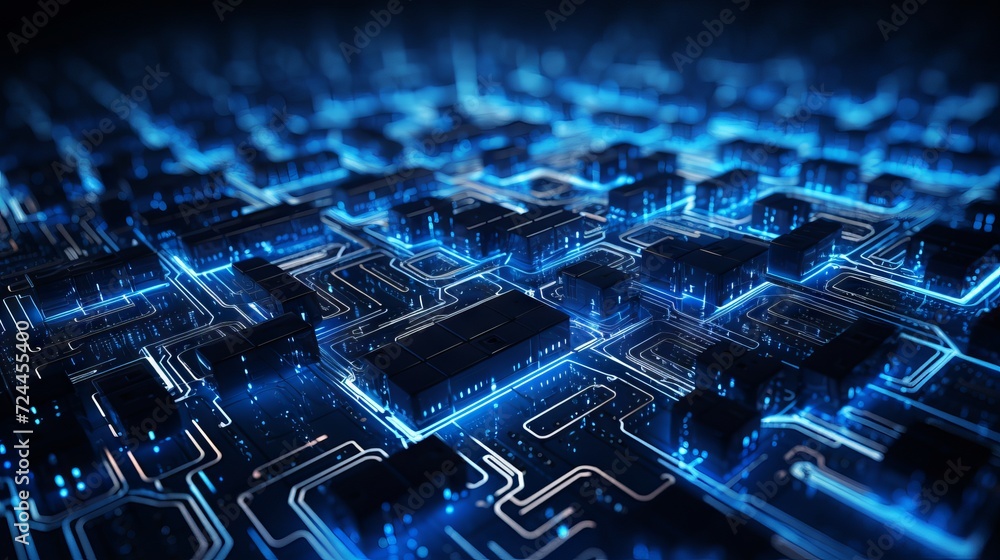 Aufkleber abstract structure of circuit board with glowing neon blue lines and dots, computer technology and b