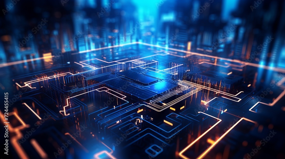 Aufkleber abstract structure of circuit board with glowing neon blue lines and dots, computer technology and b