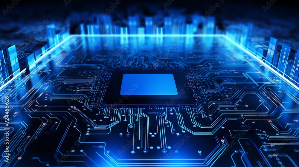 Aufkleber abstract structure of circuit board with glowing neon blue lines and dots, computer technology and b