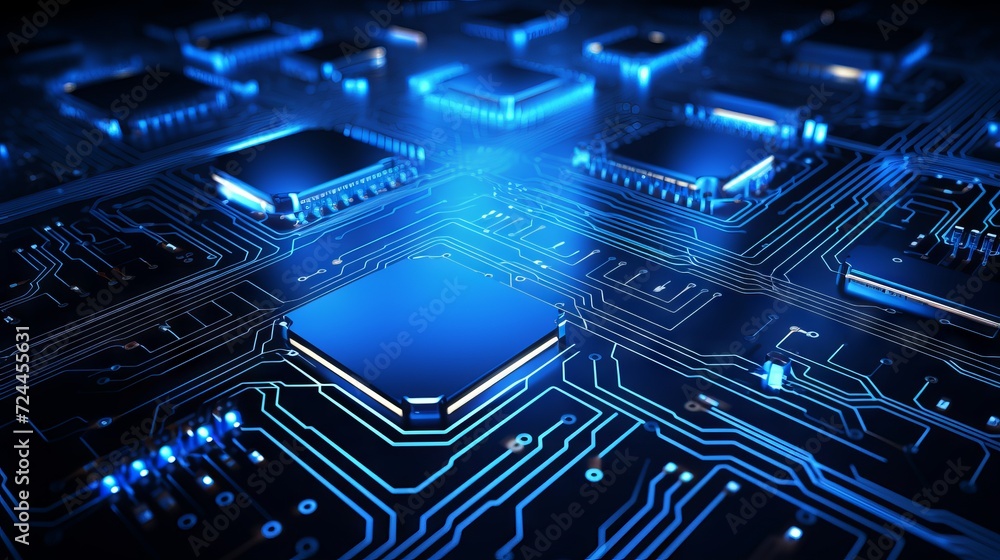 Poster abstract structure of circuit board with glowing neon blue lines and dots, computer technology and b