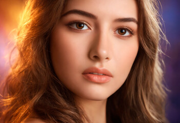 Portrait of a beautiful young woman with long brown hair.