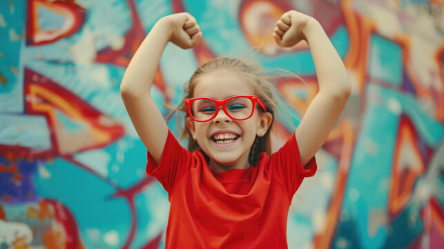 girl in red glasses with her arms raised smiling strong