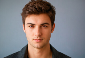 Portrait of a handsome young man on a gray background with copy space