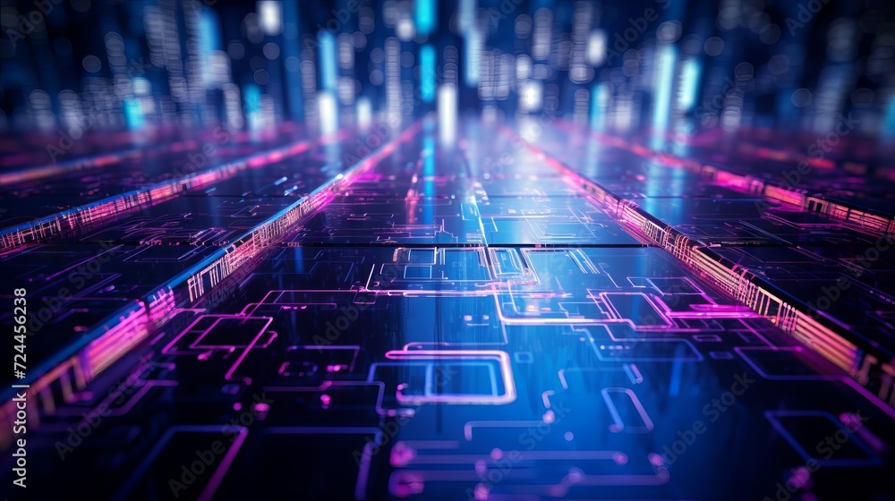 Aufkleber abstract structure of circuit board with glowing neon blue lines and dots, computer technology and b