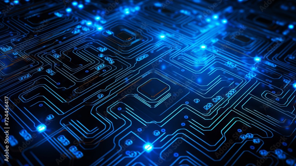 Poster abstract structure of circuit board with glowing neon blue lines and dots, computer technology and b