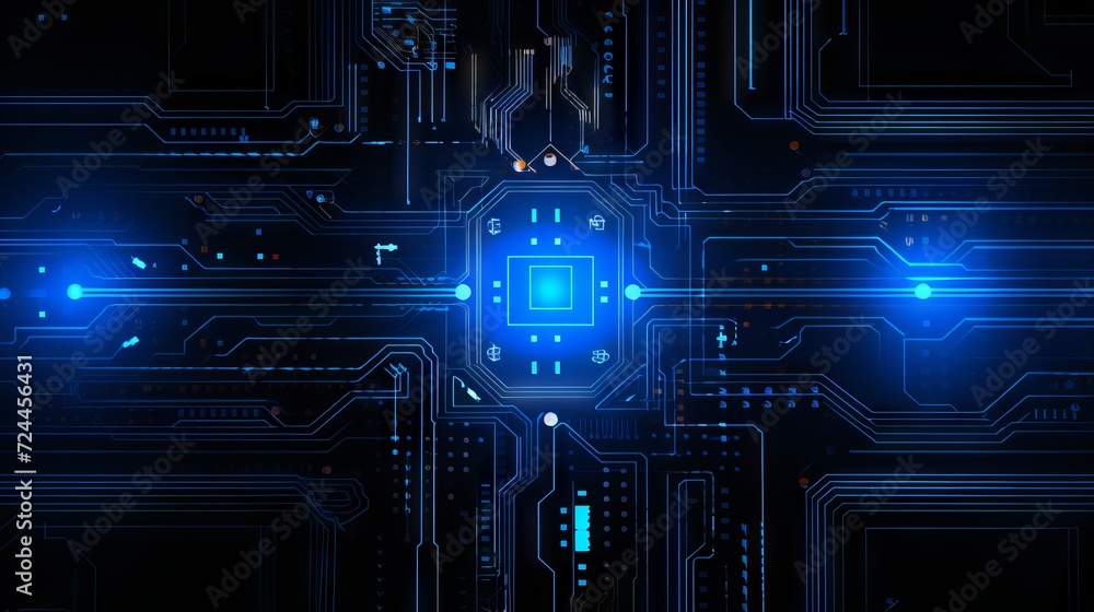 Poster abstract structure of circuit board with glowing neon blue lines and dots, computer technology and b