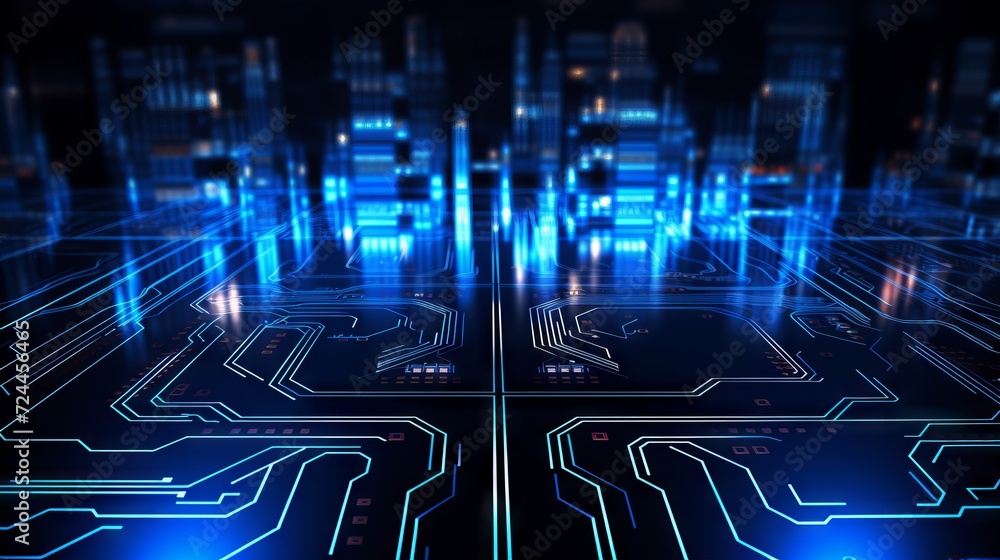 Aufkleber abstract structure of circuit board with glowing neon blue lines and dots, computer technology and b