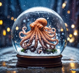 Christmas decoration with snow globe with octopus inside. Christmas concept.