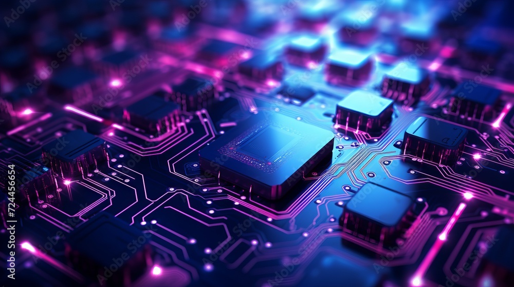 Poster abstract structure of circuit board with glowing neon blue lines and dots, computer technology and b