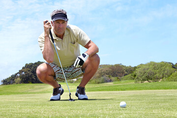 Sport, man and golf on course outdoor for thinking, performance or game with fitness and wellness....
