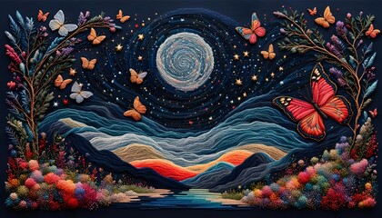 Obraz premium Butterfly and the Sky Embroidery Art