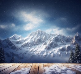 Wooden floor against snow covered mountain peak in the night sky.