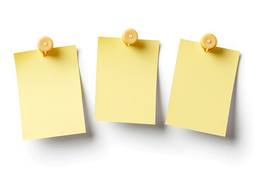 Yellow colored blank empty unfilled 3 paper sheets or sticky notes isolated on copy space white background, front view of adhesive paper notes, 3 paper office stickers with shadows, empty 3 text boxes