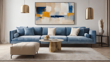 Abstract paste blue and white painting on empty white wall behind beige couch with pillows