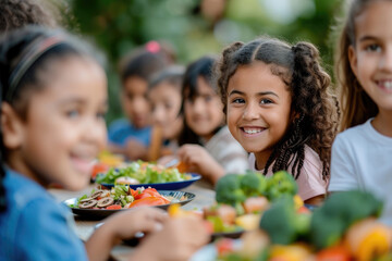 Happy and joyful children eating healthy food in the schoolyard - obrazy, fototapety, plakaty