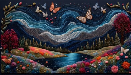 Butterfly and the Sky Embroidery Art - obrazy, fototapety, plakaty