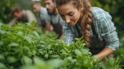 Obraz premium People picking herbs or veggies from a garden