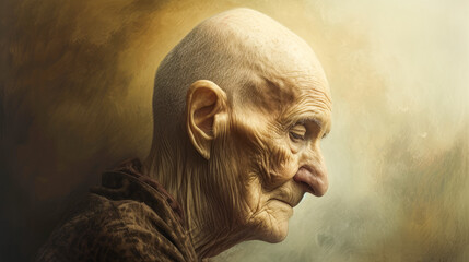 Compassionate depiction of an elderly bald cancer patient