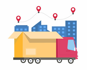 Delivery truck with cardboard boxes on city background Delivery service concept.