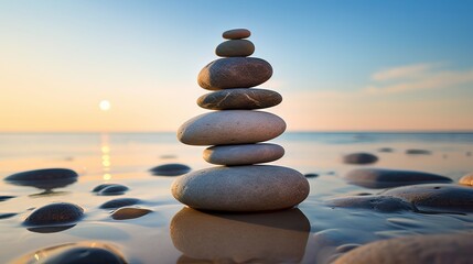 Zen stones pyramid on the beach with ocean view - meditation, spa, harmony, and balance concept