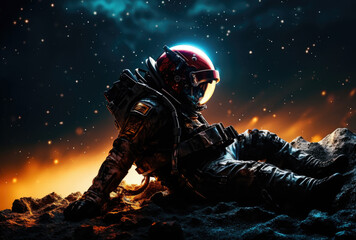 Astronaut stand on space background with stars. Spaceman in spacesuit. Cosmic concept