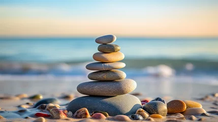 Rolgordijnen Stenen in het zand Zen stones pyramid on the beach with ocean view - meditation, spa, harmony, and balance concept