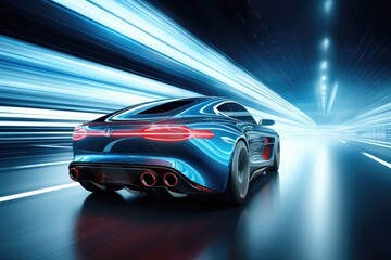 A high-speed blue sports car racing through a tunnel, showcasing its power and elegance, Rear view...