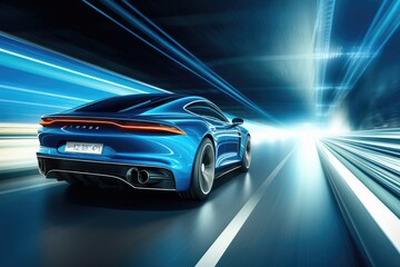 Naklejka premium A blue sports car zooms through a tunnel, creating an exhilarating rush of speed and movement, Rear view of blue Business car on high speed in turn, AI Generated