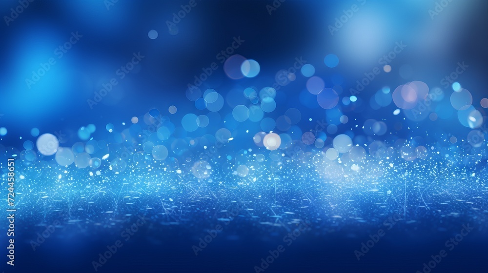 Poster blue glowing particles on dark background with bokeh effect