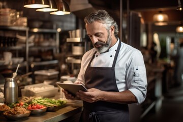 A man stands in a kitchen, using a tablet as a helpful guide for cooking, Restaurant chef orders groceries to kitchen using tablet, AI Generated - obrazy, fototapety, plakaty
