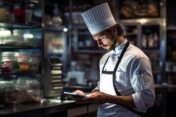 A man wearing a chefs hat focuses on a tablet as he seeks culinary inspiration in a busy professional kitchen, Restaurant chef orders groceries to kitchen using tablet, AI Generated